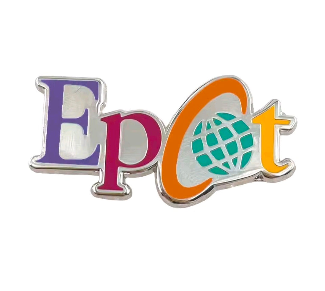 Epcot enamel pin with purple and orange lettering and globe icon
