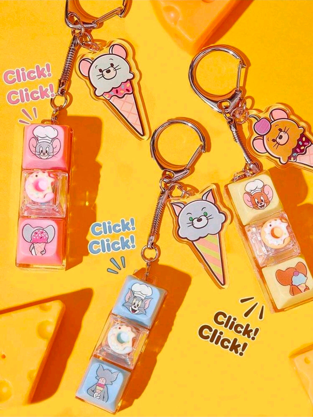 Tom & Jerry dessert keyboard fidget clicker keychains with character face charms, assorted colors