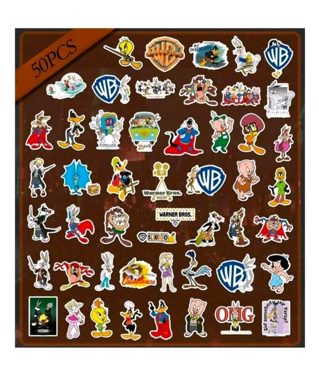 Looney Tunes vinyl sticker sheet with many small character and WB logo decals