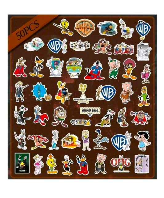 Looney Tunes vinyl sticker sheet with many small character and WB logo decals