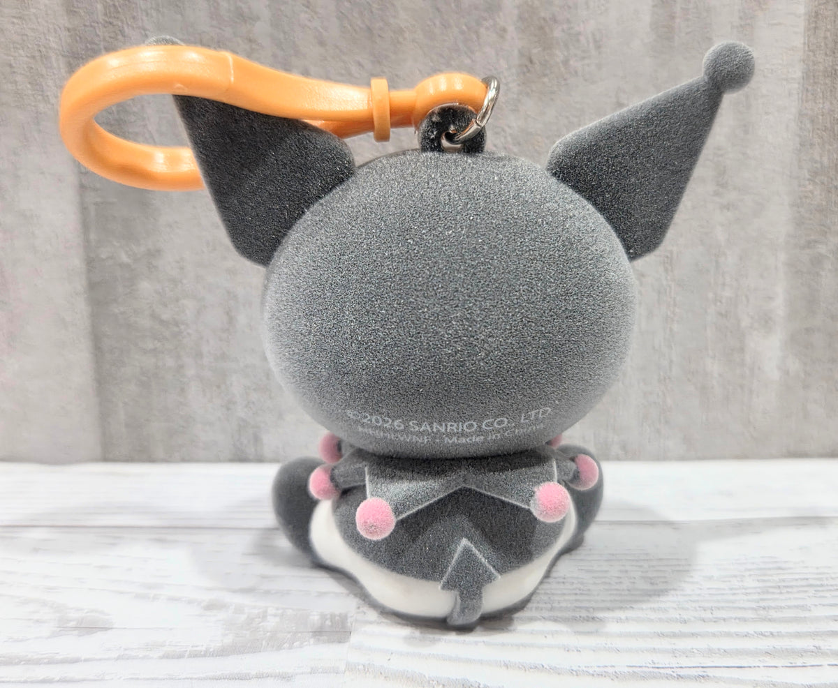 Gray flocked plush bag clip in cat costume, with orange loop handle and seated cat pose