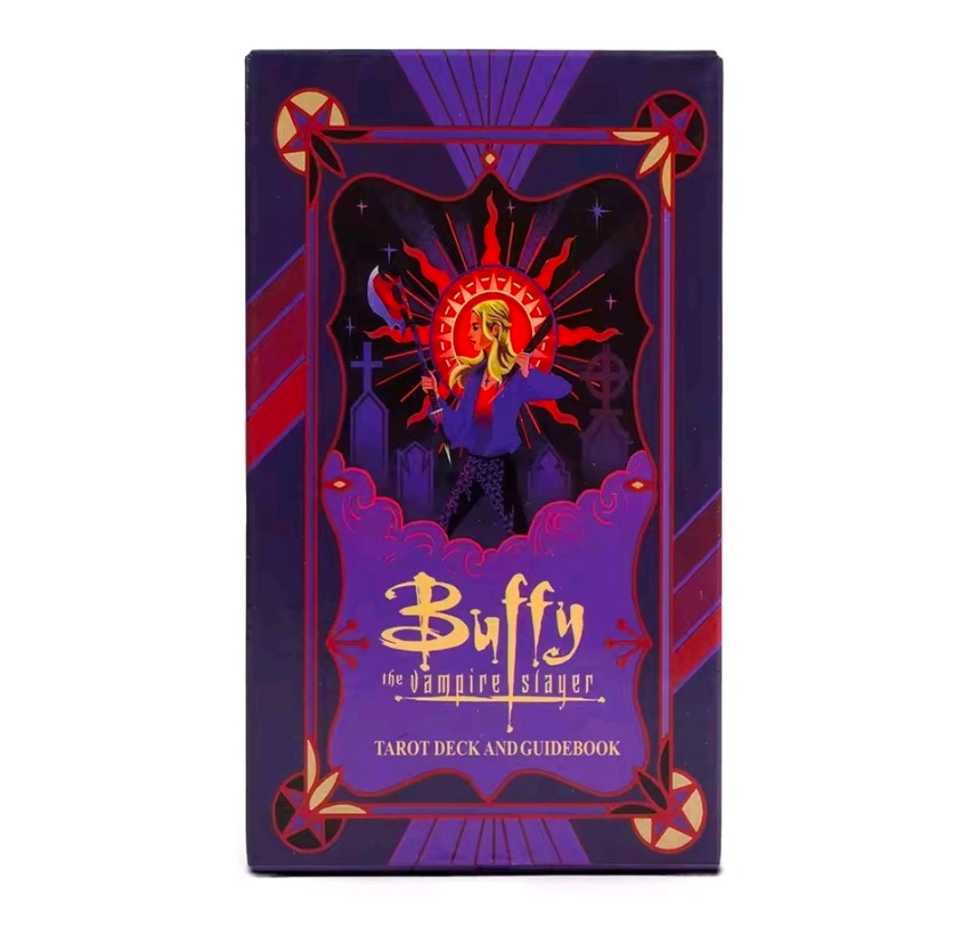 Buffy-themed tarot deck box with central red sigil and Buffy logo