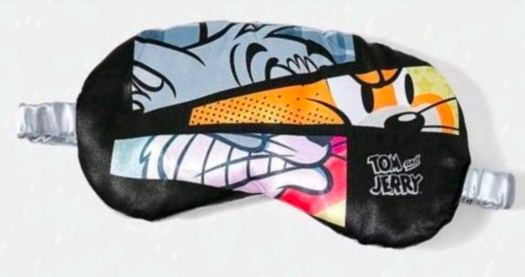 Satin sleep mask with Tom & Jerry print, black fabric and gray elastic ties