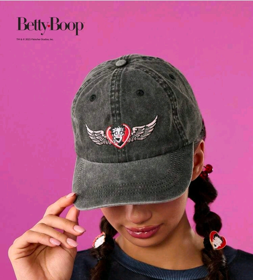 Betty Boop Embroidered Dad Hat Wings Heart Adjustable Black Denim Cap