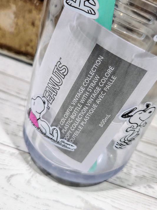 Clear water bottle with Snoopy graphic, 800ml text, and BPA-free seal