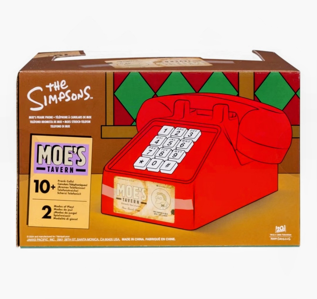 Side view of Moe’s Tavern prank phone box with red phone illustration and text