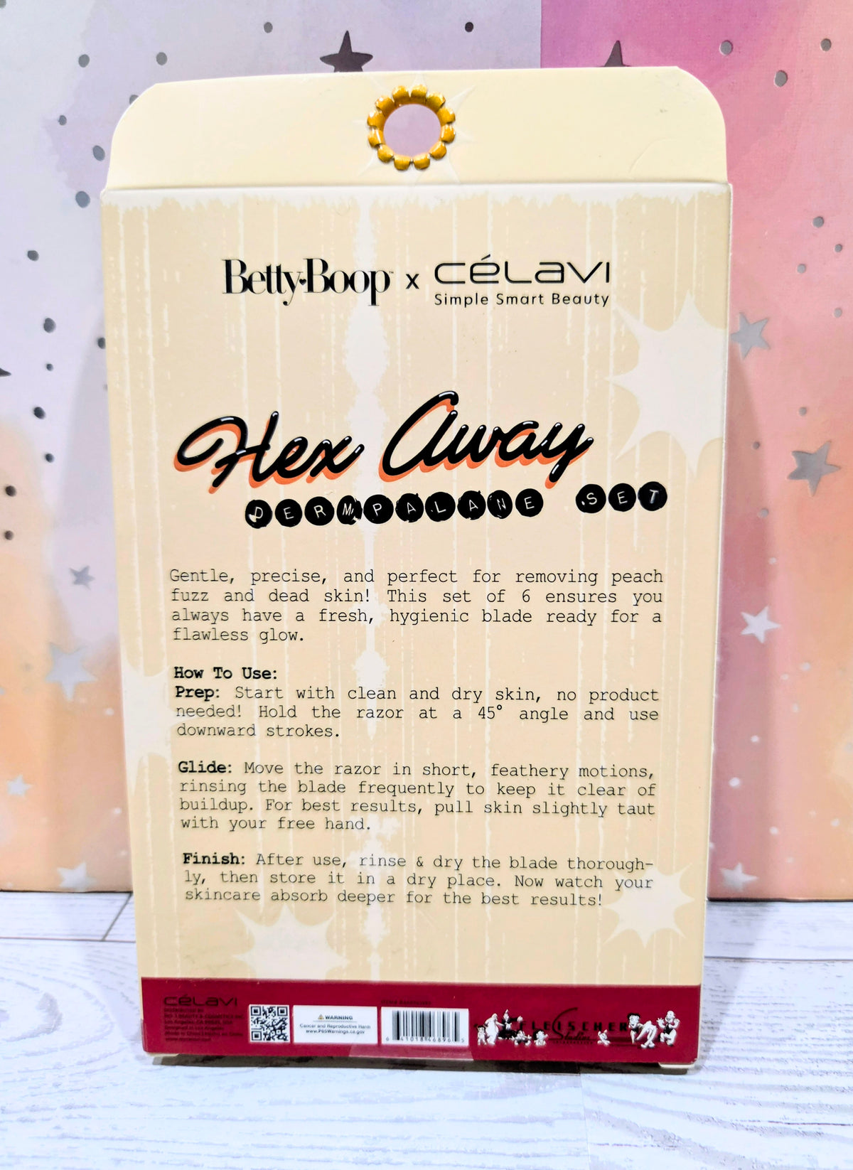 Celavi Betty Boop Hex Away dermplane and dual sheet mask gift set box front