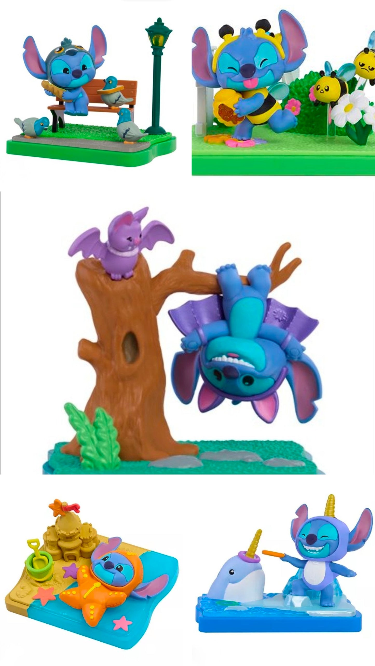 Stitch blind box figures set on bases, including bench, tree, starfish, and unicorn scenes
