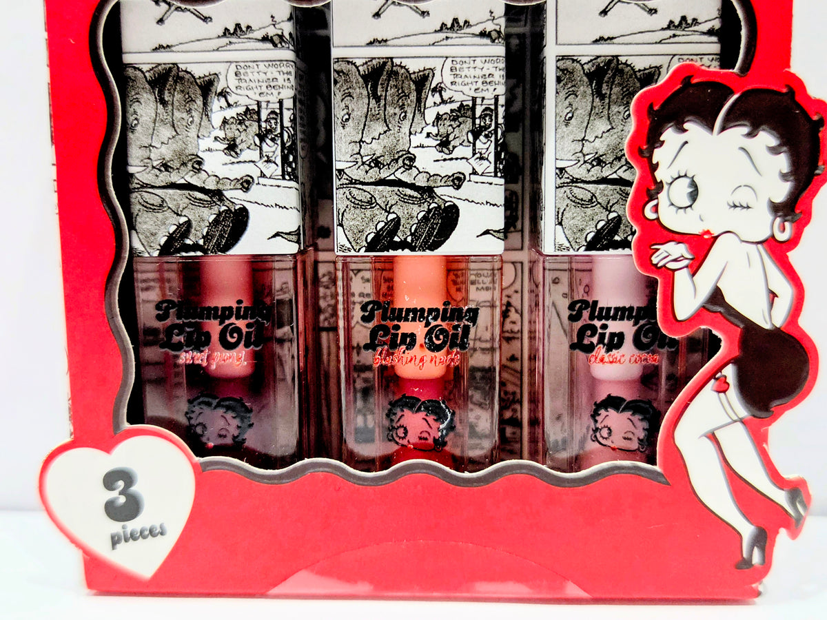 Betty Boop x Celavi Plumping Lip Oil Trio Classic Cocoa Blushing Nude Peony