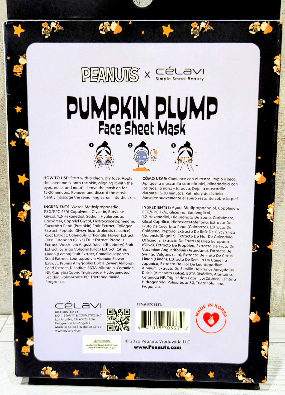 Peanuts x Celavi Pumpkin Plump face sheet mask 5-pack on black star-pattern box