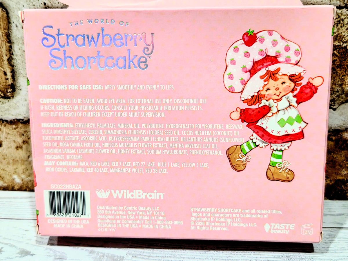 Strawberry Shortcake lip oil gift set box back, 4-piece