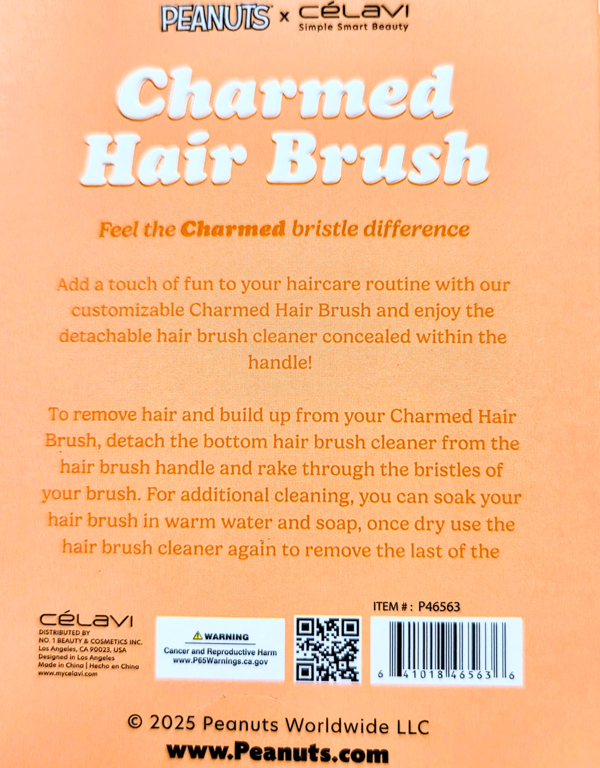 Peanuts x Celavi charmed hair brush box front with barcode label and product text