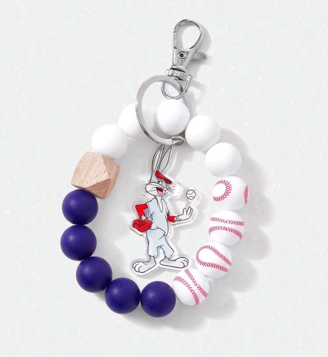 Bugs Bunny beaded keychain wrist strap with a wood block bead, navy beads, and baseball charms